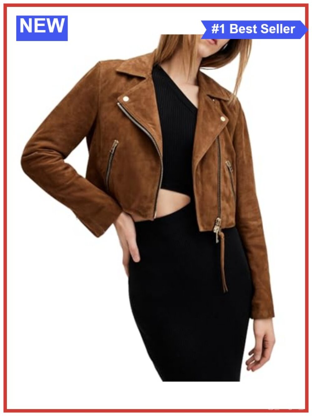 Cropped Suede Biker Jacket Slim Fit Long Sleeve Women's Outerwear